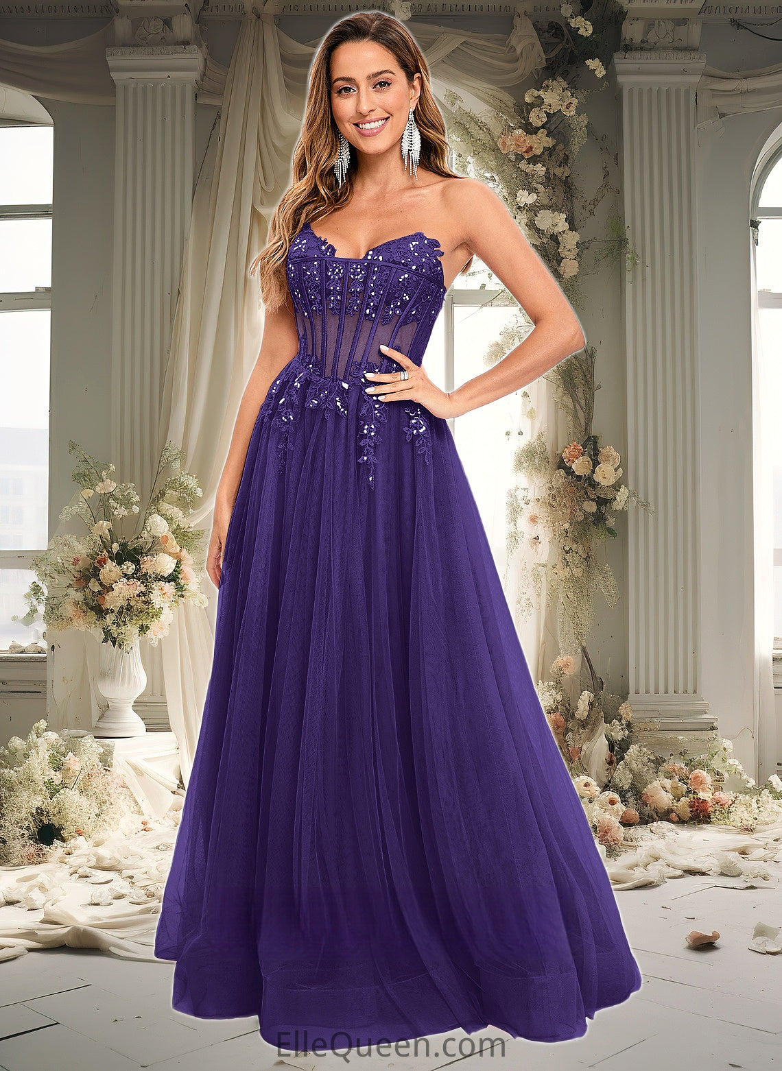 Madelynn Ball-Gown/Princess V-Neck Floor-Length Tulle Prom Dresses With Sequins Appliques Lace DGP0025837