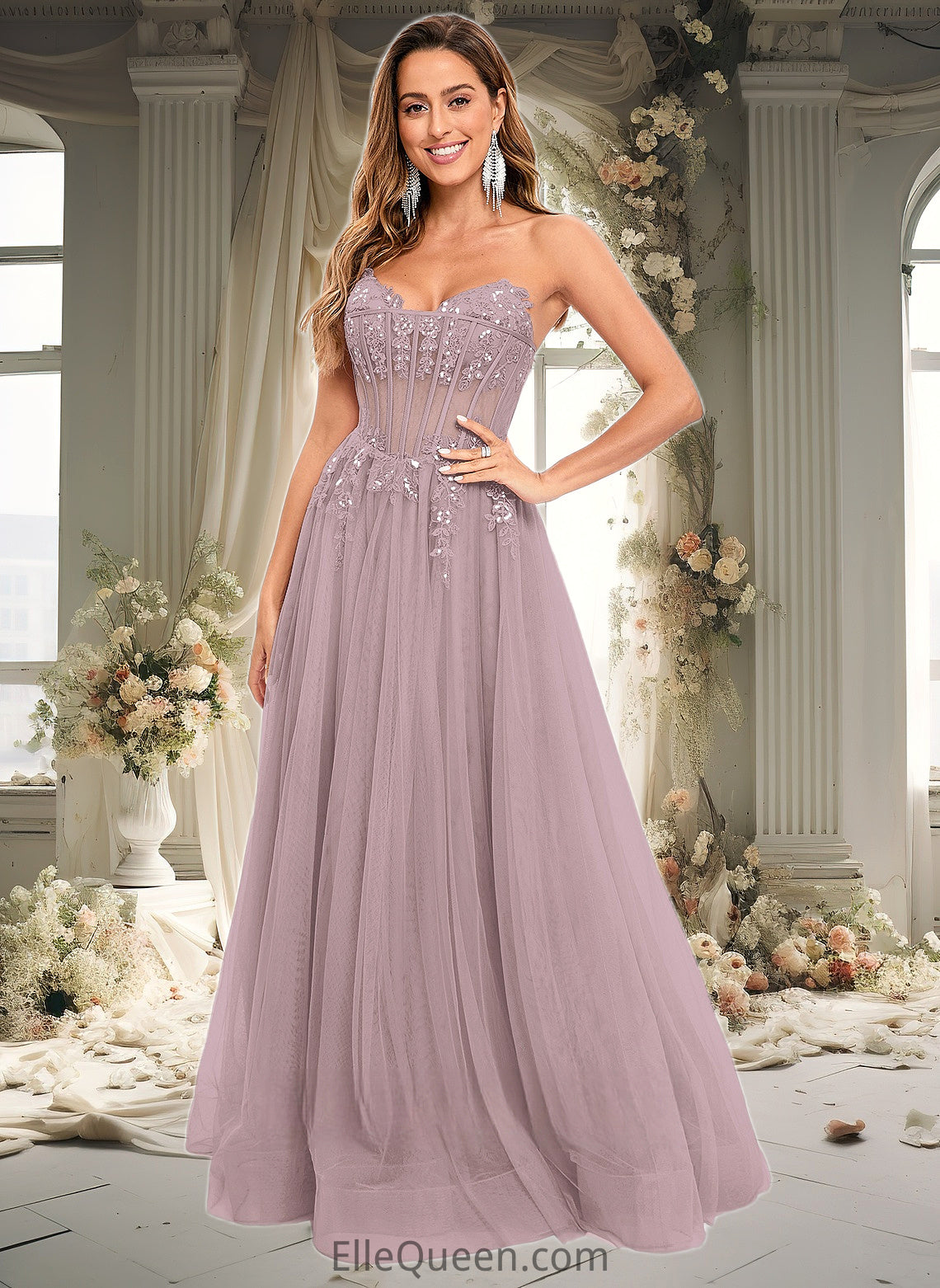 Madelynn Ball-Gown/Princess V-Neck Floor-Length Tulle Prom Dresses With Sequins Appliques Lace DGP0025837