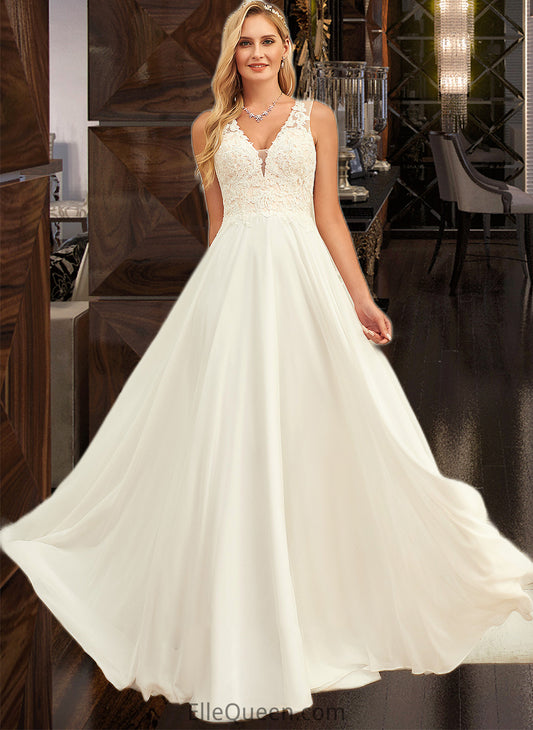 Carlie A-Line V-neck Sweep Train Chiffon Lace Wedding Dress With Lace DGP0013677