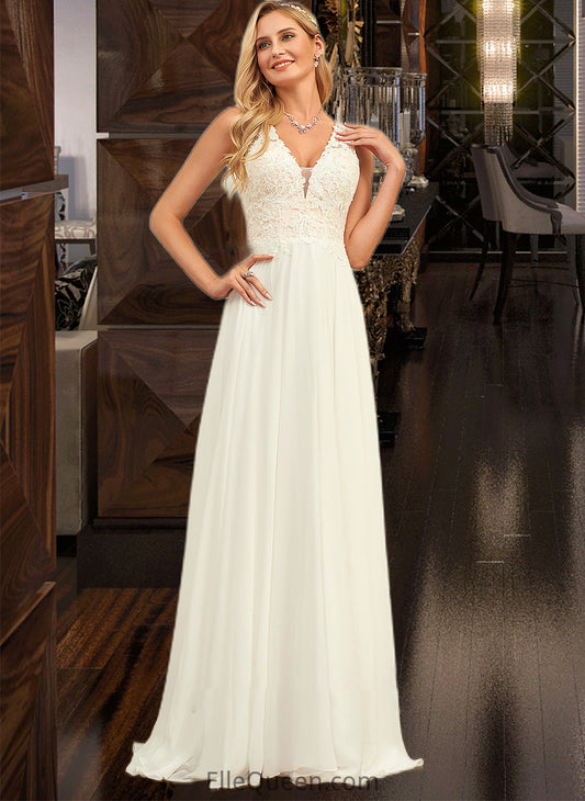 Carlie A-Line V-neck Sweep Train Chiffon Lace Wedding Dress With Lace DGP0013677