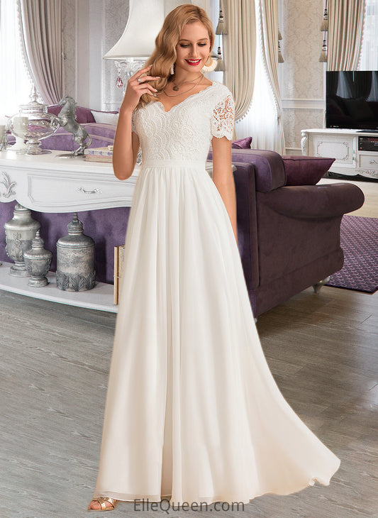 Michaela A-Line V-neck Floor-Length Chiffon Lace Wedding Dress DGP0013678