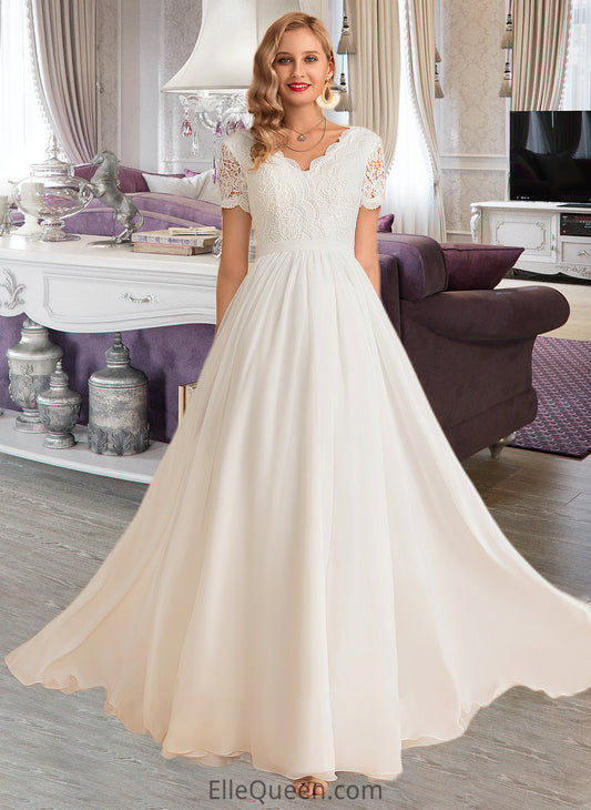 Michaela A-Line V-neck Floor-Length Chiffon Lace Wedding Dress DGP0013678