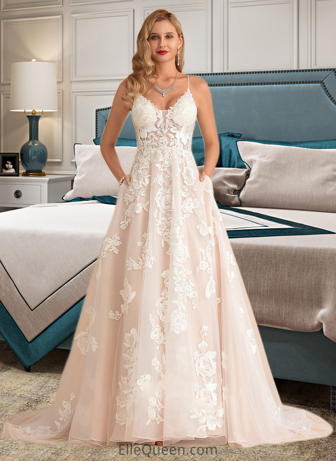 Bailey Ball-Gown/Princess V-neck Court Train Tulle Lace Wedding Dress With Beading Pockets DGP0013679