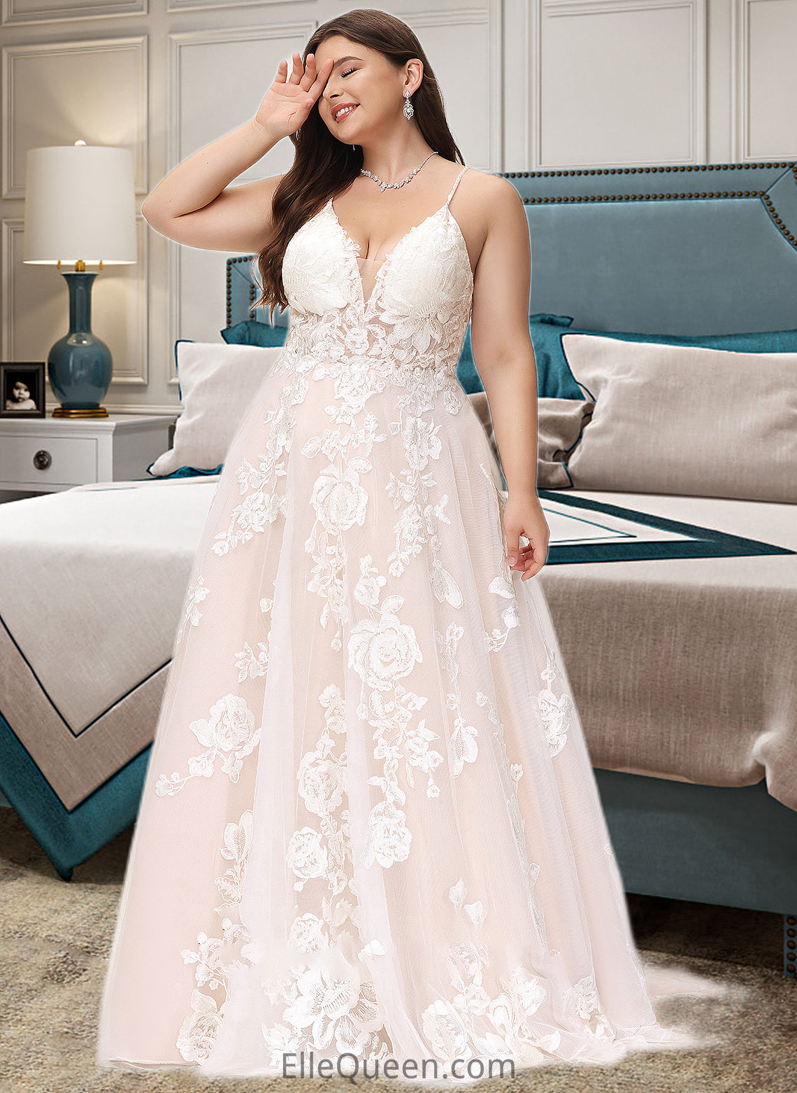 Bailey Ball-Gown/Princess V-neck Court Train Tulle Lace Wedding Dress With Beading Pockets DGP0013679