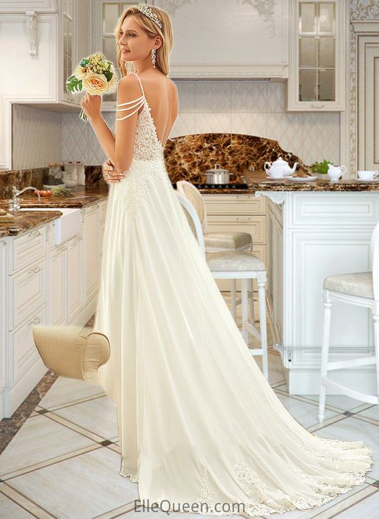 Nathalie A-Line V-neck Sweep Train Chiffon Lace Wedding Dress With Beading Sequins DGP0013681