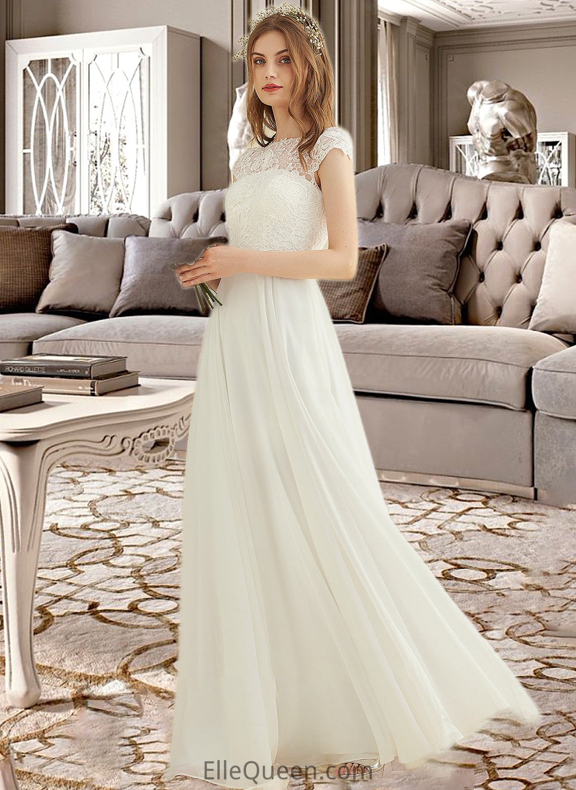 Martina A-Line Floor-Length Chiffon Lace Wedding Dress DGP0013687