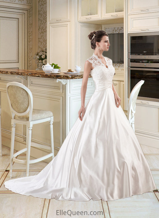 Krystal Ball-Gown/Princess V-neck Court Train Satin Lace Wedding Dress With Ruffle DGP0013688