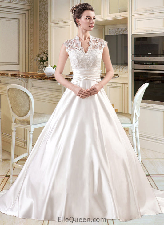 Krystal Ball-Gown/Princess V-neck Court Train Satin Lace Wedding Dress With Ruffle DGP0013688