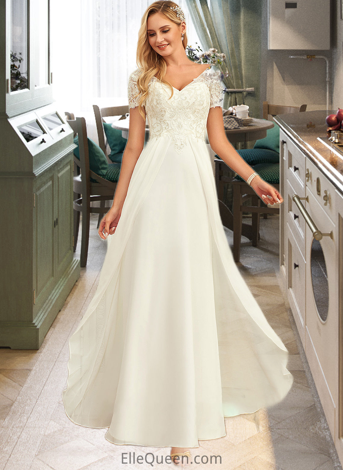 Juliette A-Line V-neck Floor-Length Chiffon Lace Wedding Dress With Lace DGP0013691