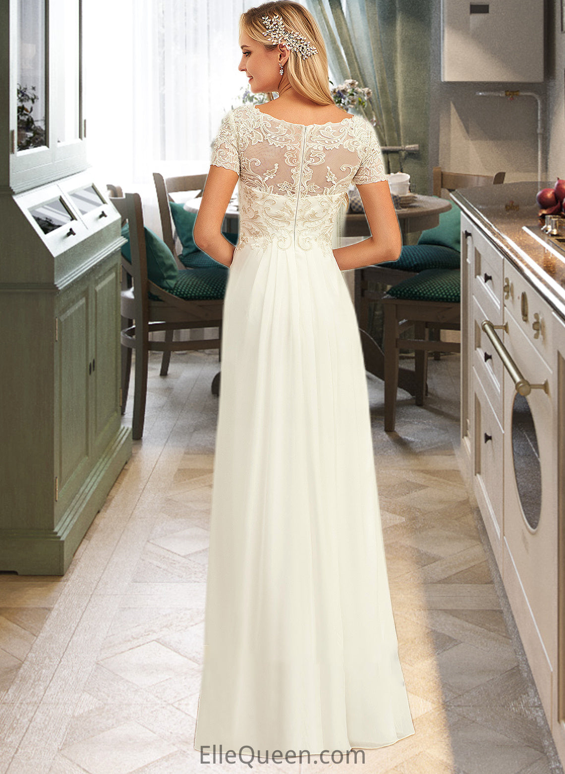 Juliette A-Line V-neck Floor-Length Chiffon Lace Wedding Dress With Lace DGP0013691