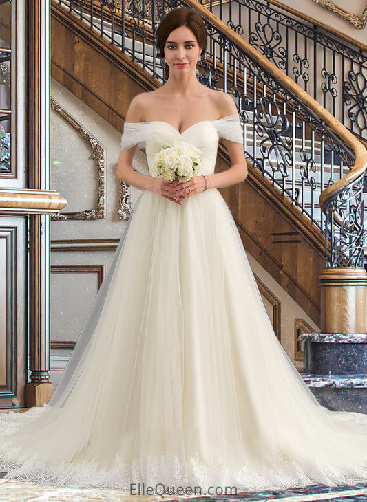 Jaylin Ball-Gown/Princess Off-the-Shoulder Court Train Tulle Lace Wedding Dress With Ruffle DGP0013692