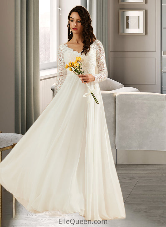 Alma A-Line V-neck Sweep Train Wedding Dress With Lace DGP0013696