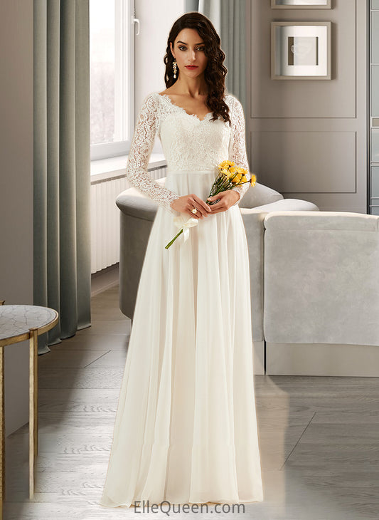 Alma A-Line V-neck Sweep Train Wedding Dress With Lace DGP0013696