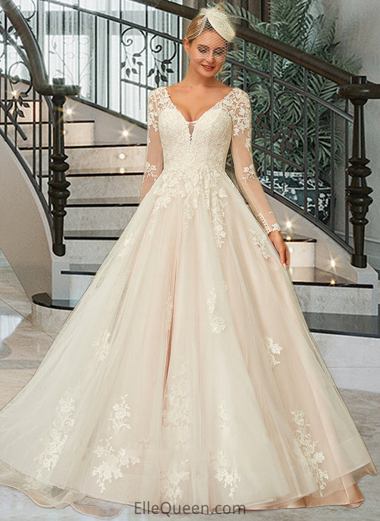 Essence Ball-Gown/Princess V-neck Sweep Train Tulle Lace Wedding Dress DGP0013698