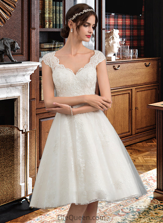 Mary A-Line V-neck Knee-Length Tulle Lace Wedding Dress DGP0013700