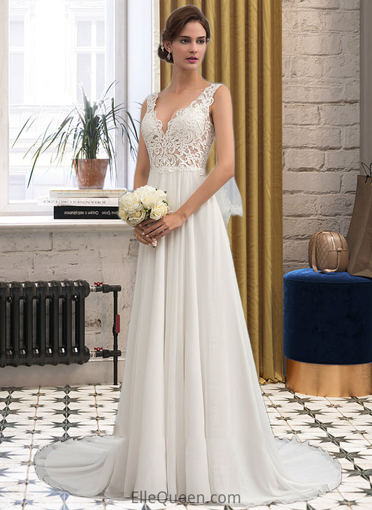 Jada A-Line V-neck Court Train Chiffon Wedding Dress DGP0013701