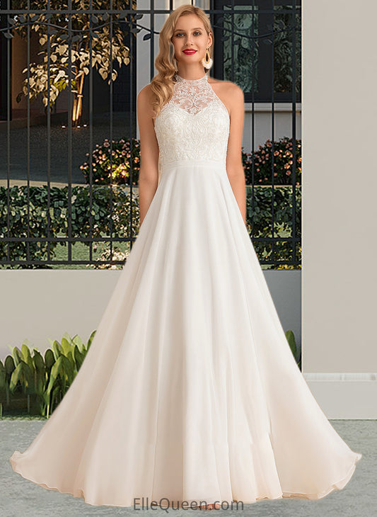 Hilary A-Line High Neck Floor-Length Chiffon Wedding Dress DGP0013702