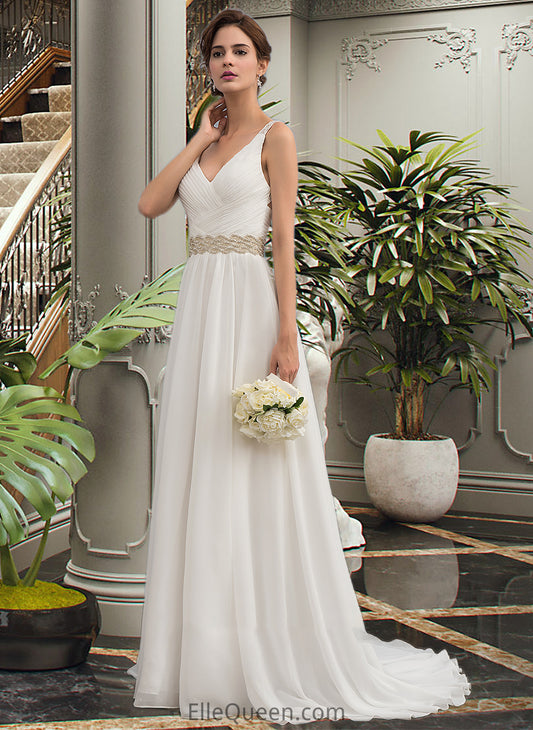 Lilith A-Line V-neck Sweep Train Chiffon Wedding Dress With Ruffle Lace Beading Sequins DGP0013705