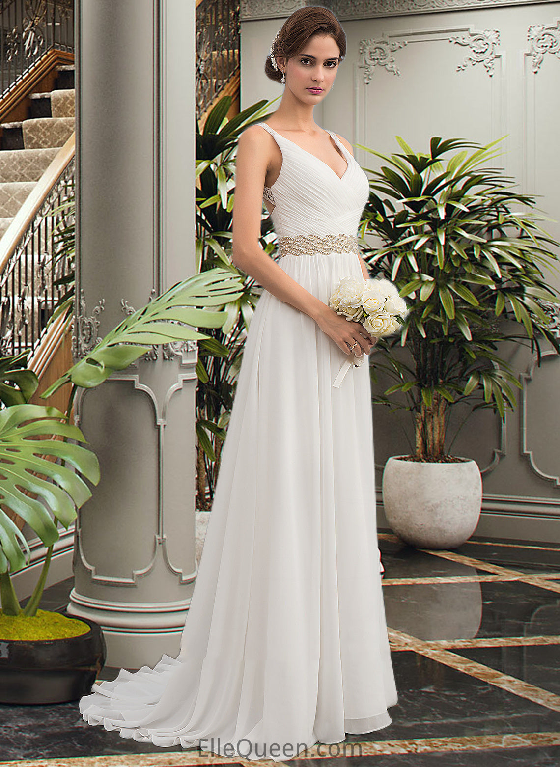 Lilith A-Line V-neck Sweep Train Chiffon Wedding Dress With Ruffle Lace Beading Sequins DGP0013705