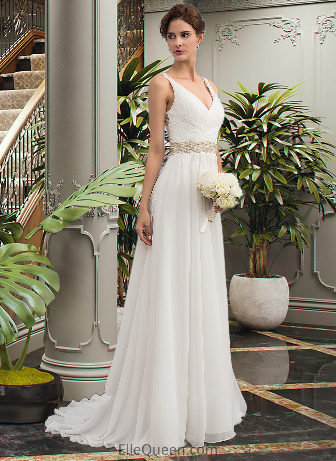 Lilith A-Line V-neck Sweep Train Chiffon Wedding Dress With Ruffle Lace Beading Sequins DGP0013705