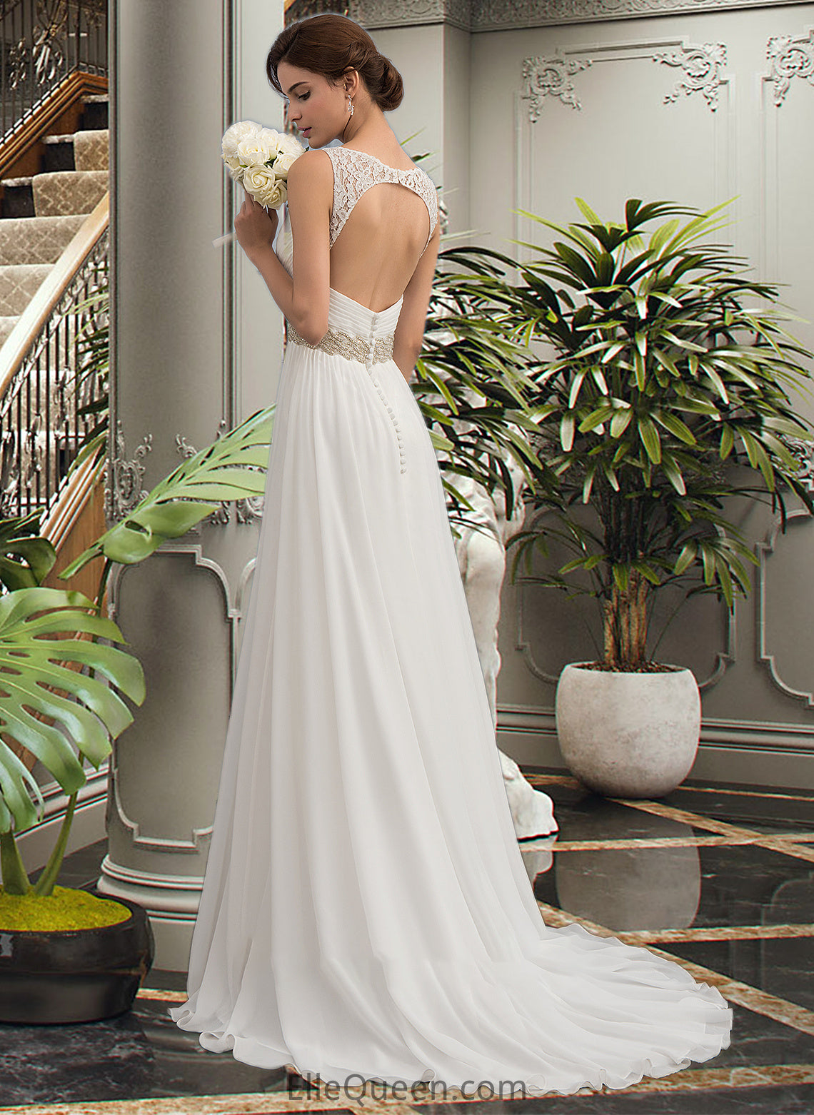 Lilith A-Line V-neck Sweep Train Chiffon Wedding Dress With Ruffle Lace Beading Sequins DGP0013705