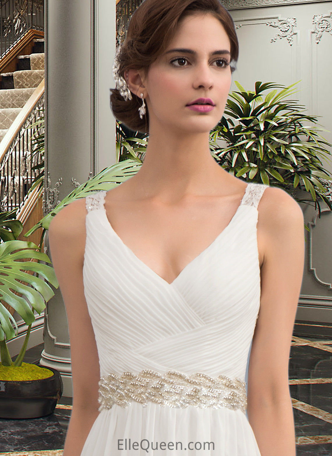 Lilith A-Line V-neck Sweep Train Chiffon Wedding Dress With Ruffle Lace Beading Sequins DGP0013705