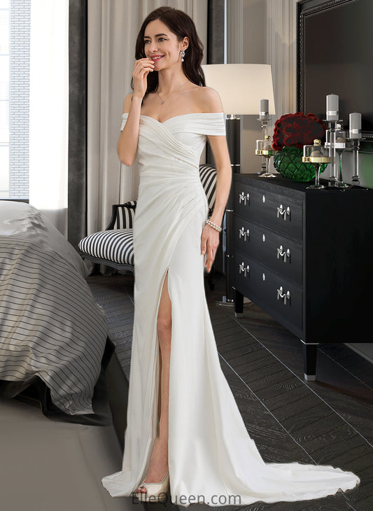 Alondra Sheath/Column Off-the-Shoulder Sweep Train Stretch Crepe Wedding Dress With Ruffle Split Front DGP0013707