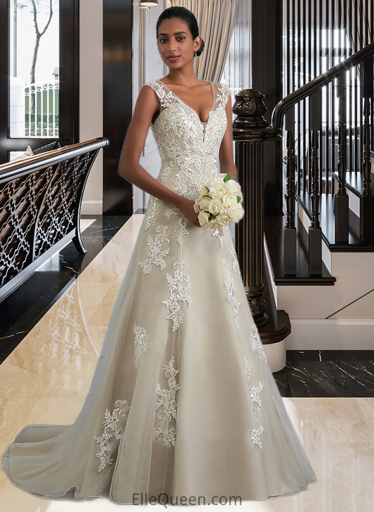 Araceli A-Line V-neck Court Train Tulle Lace Wedding Dress With Beading Sequins DGP0013709