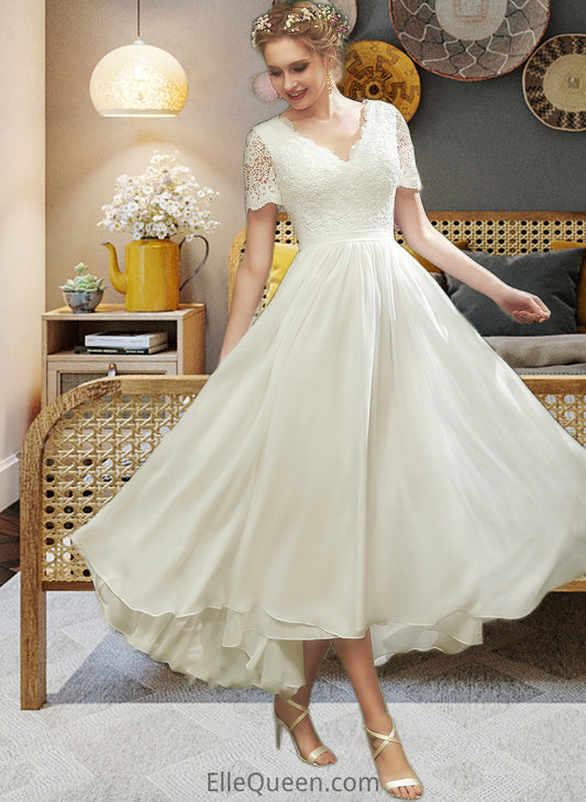 Molly A-Line V-neck Asymmetrical Wedding Dress With Lace DGP0013712