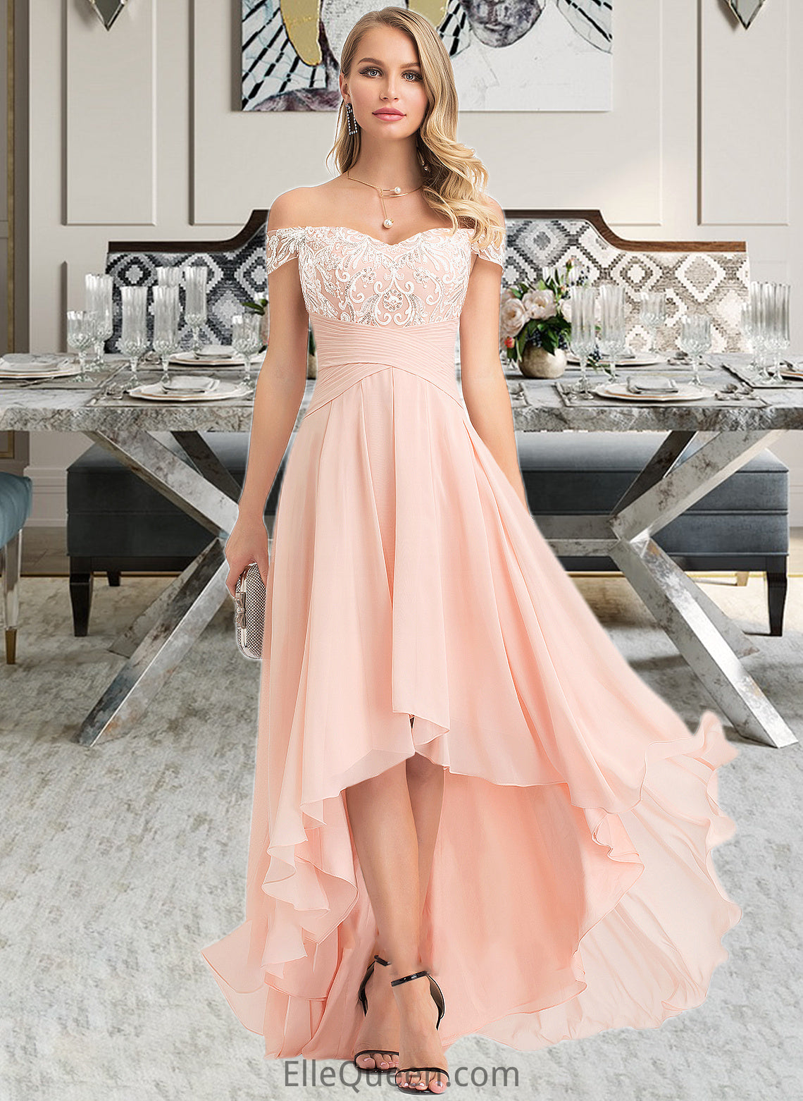 Malia A-Line Off-the-Shoulder Asymmetrical Chiffon Wedding Dress With Sequins DGP0013713