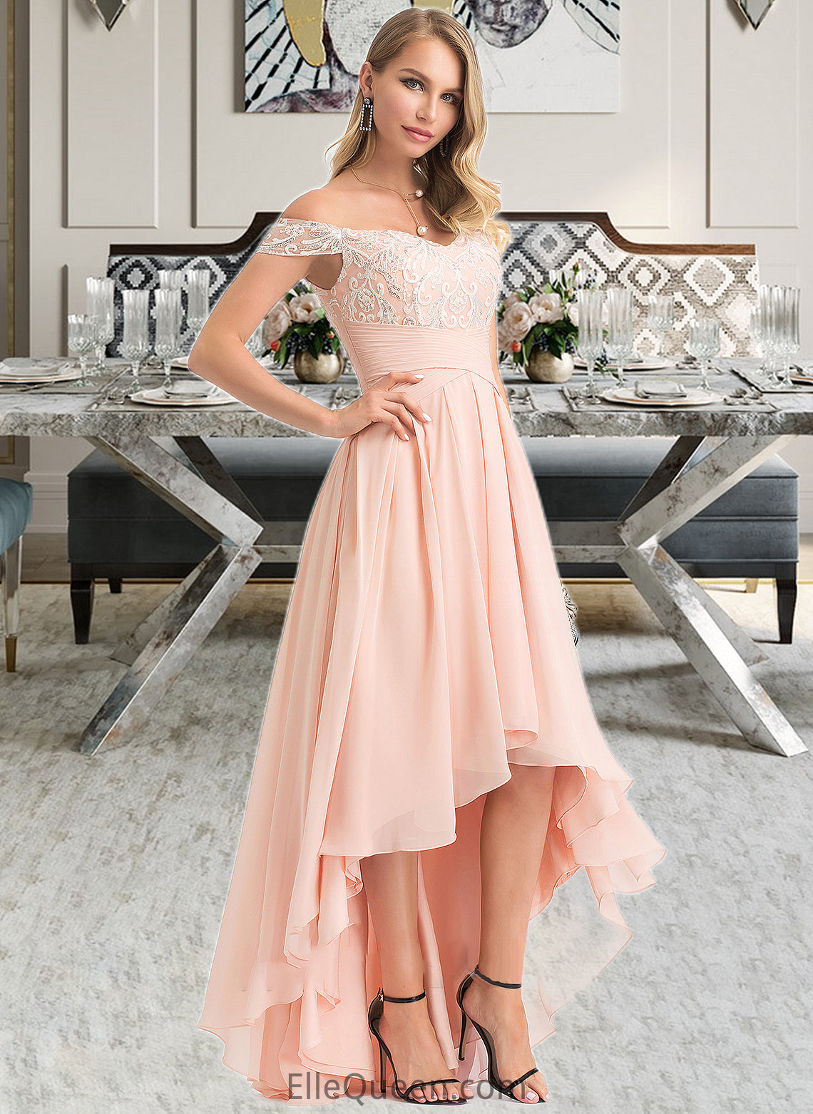 Malia A-Line Off-the-Shoulder Asymmetrical Chiffon Wedding Dress With Sequins DGP0013713