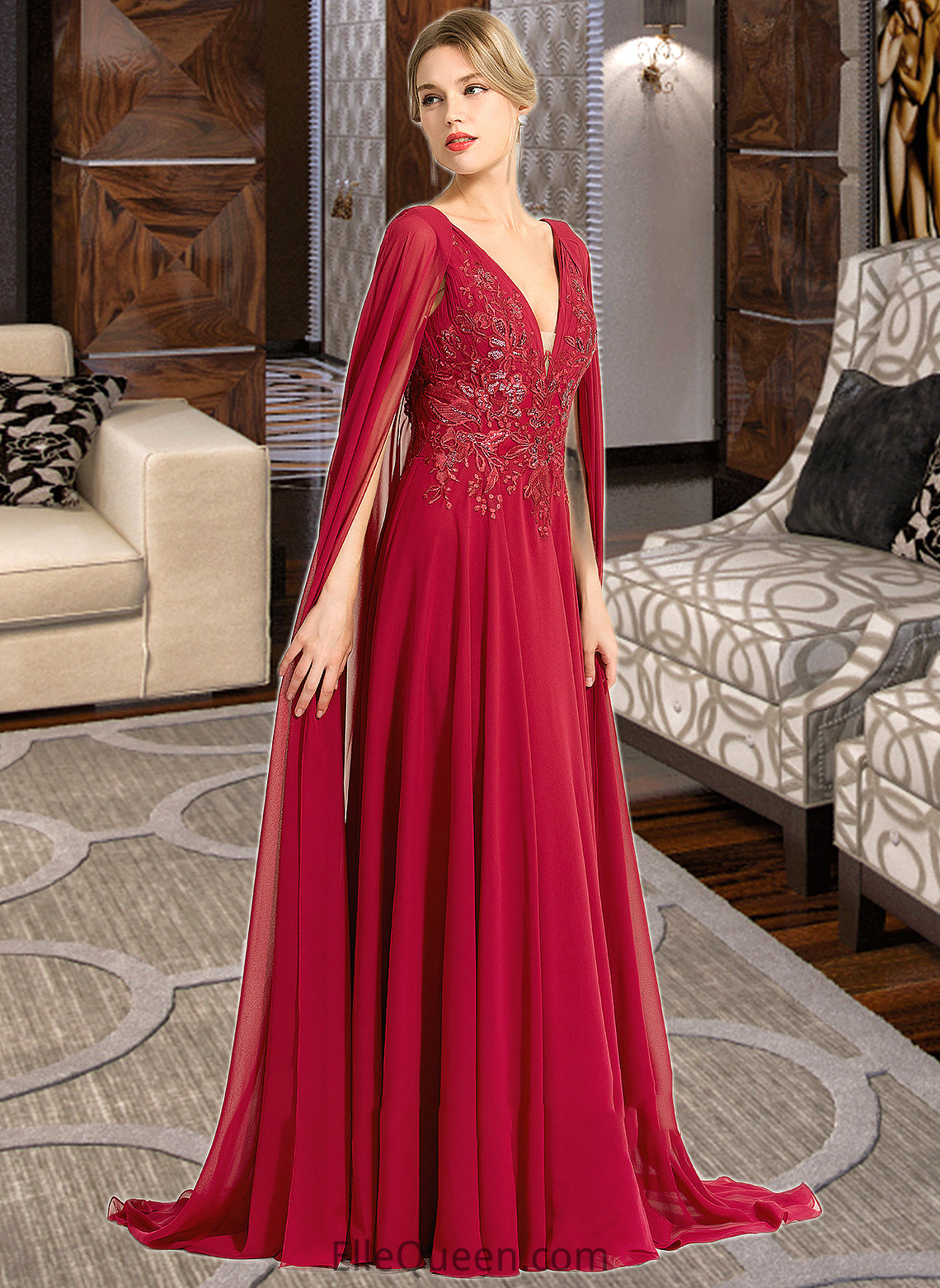 Aisha A-Line V-neck Floor-Length Chiffon Wedding Dress With Sequins DGP0013718