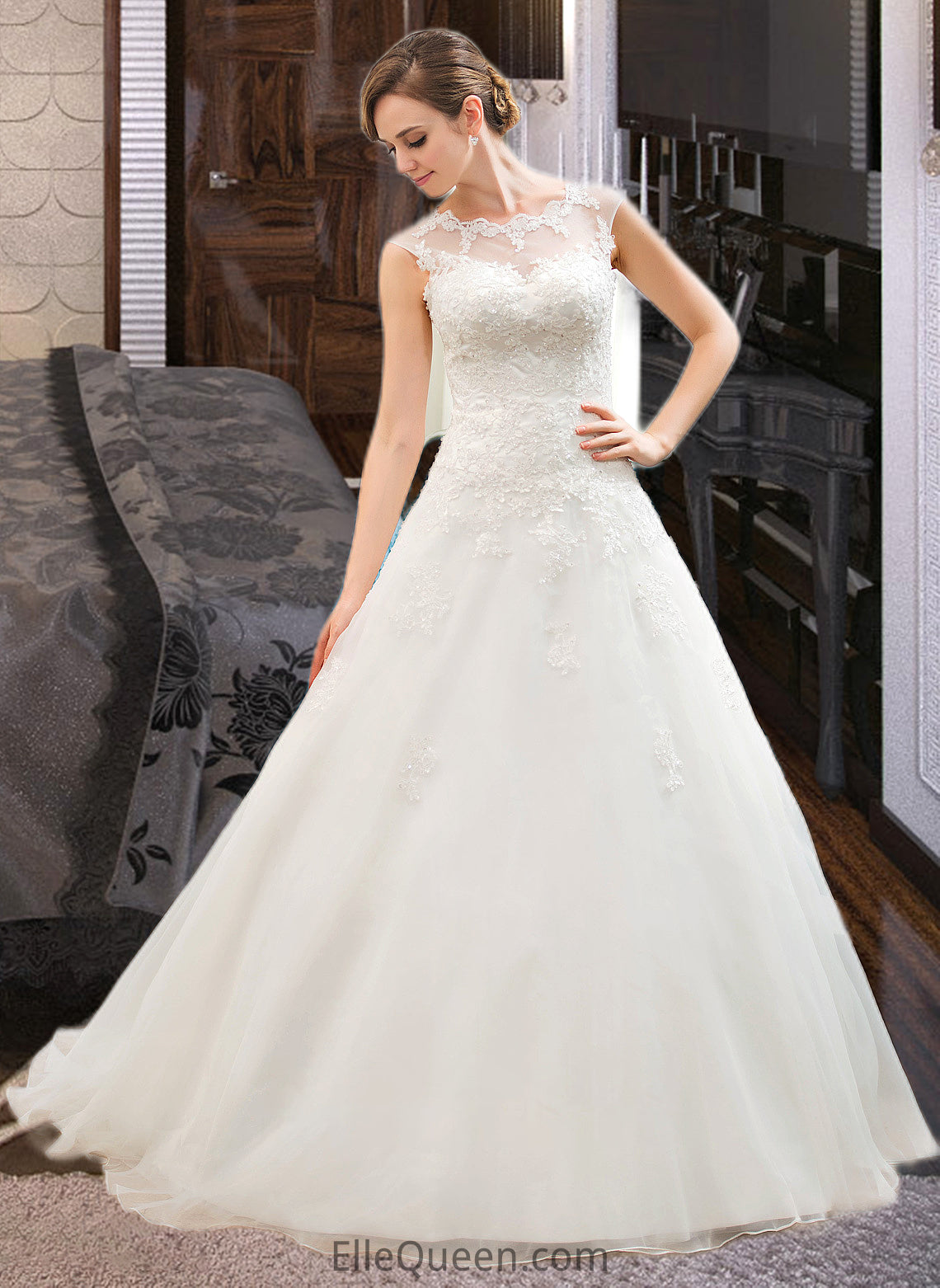 Lexi Ball-Gown/Princess Illusion Sweep Train Organza Tulle Wedding Dress With Beading Sequins DGP0013719