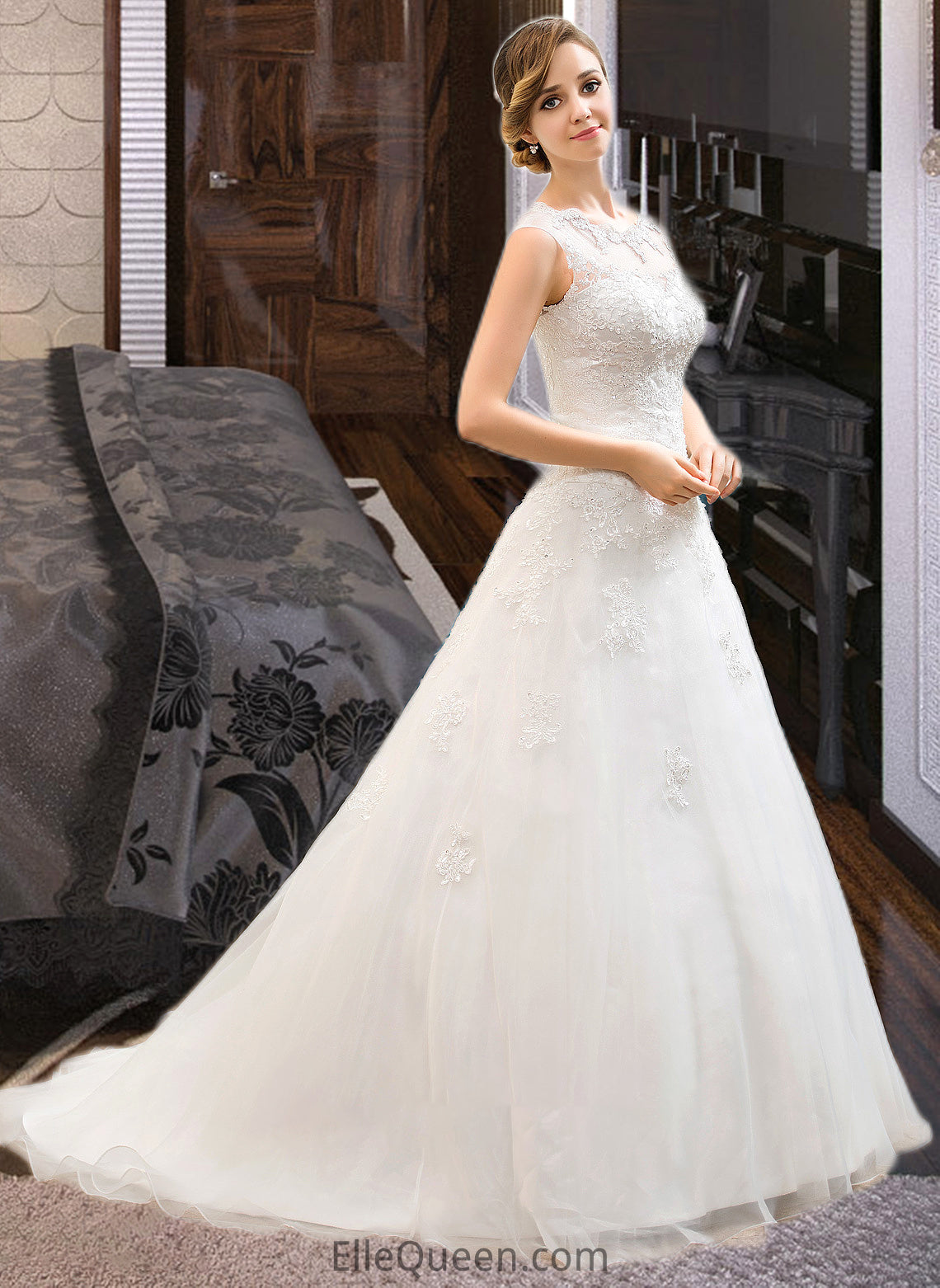 Lexi Ball-Gown/Princess Illusion Sweep Train Organza Tulle Wedding Dress With Beading Sequins DGP0013719