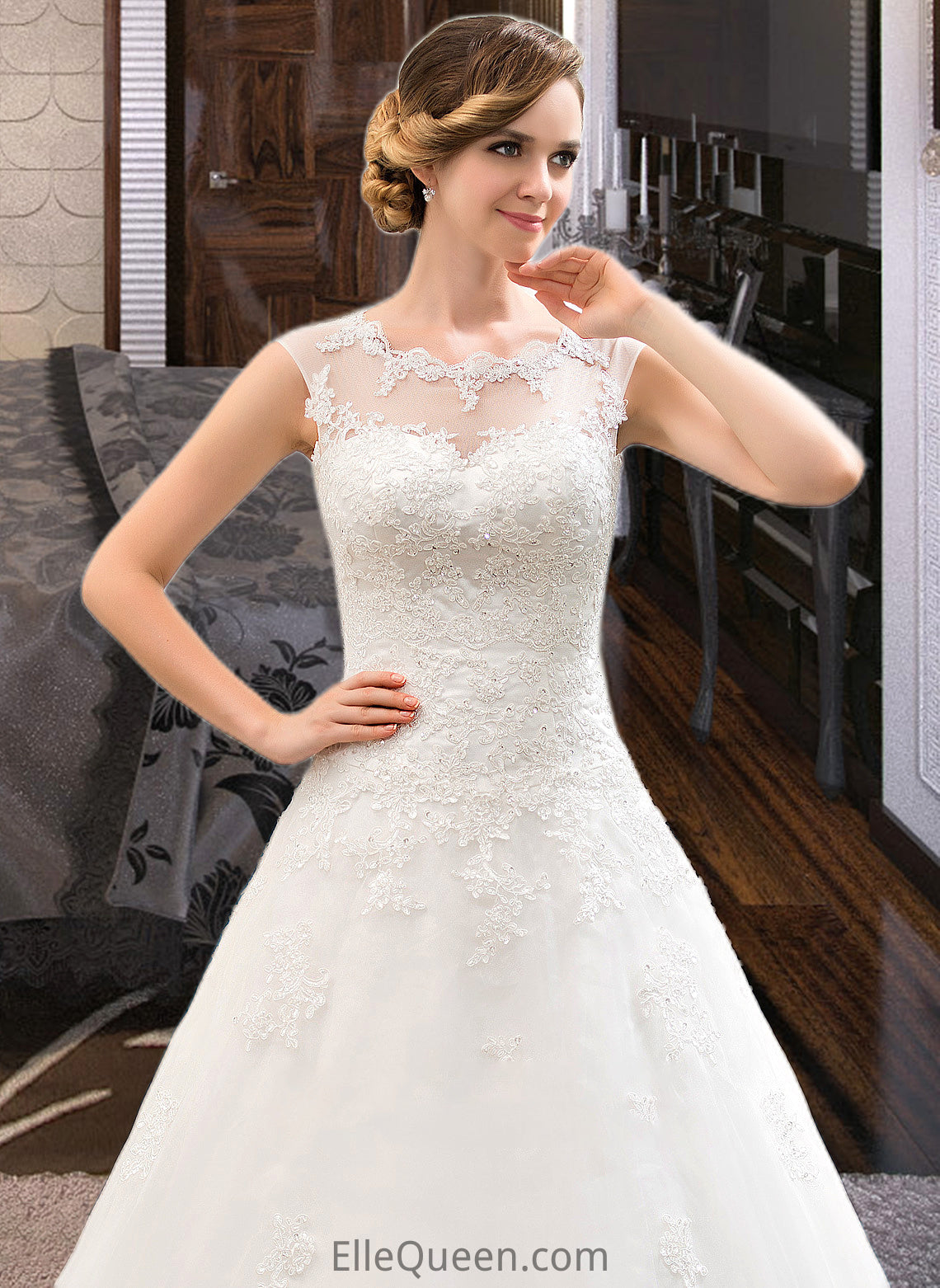 Lexi Ball-Gown/Princess Illusion Sweep Train Organza Tulle Wedding Dress With Beading Sequins DGP0013719