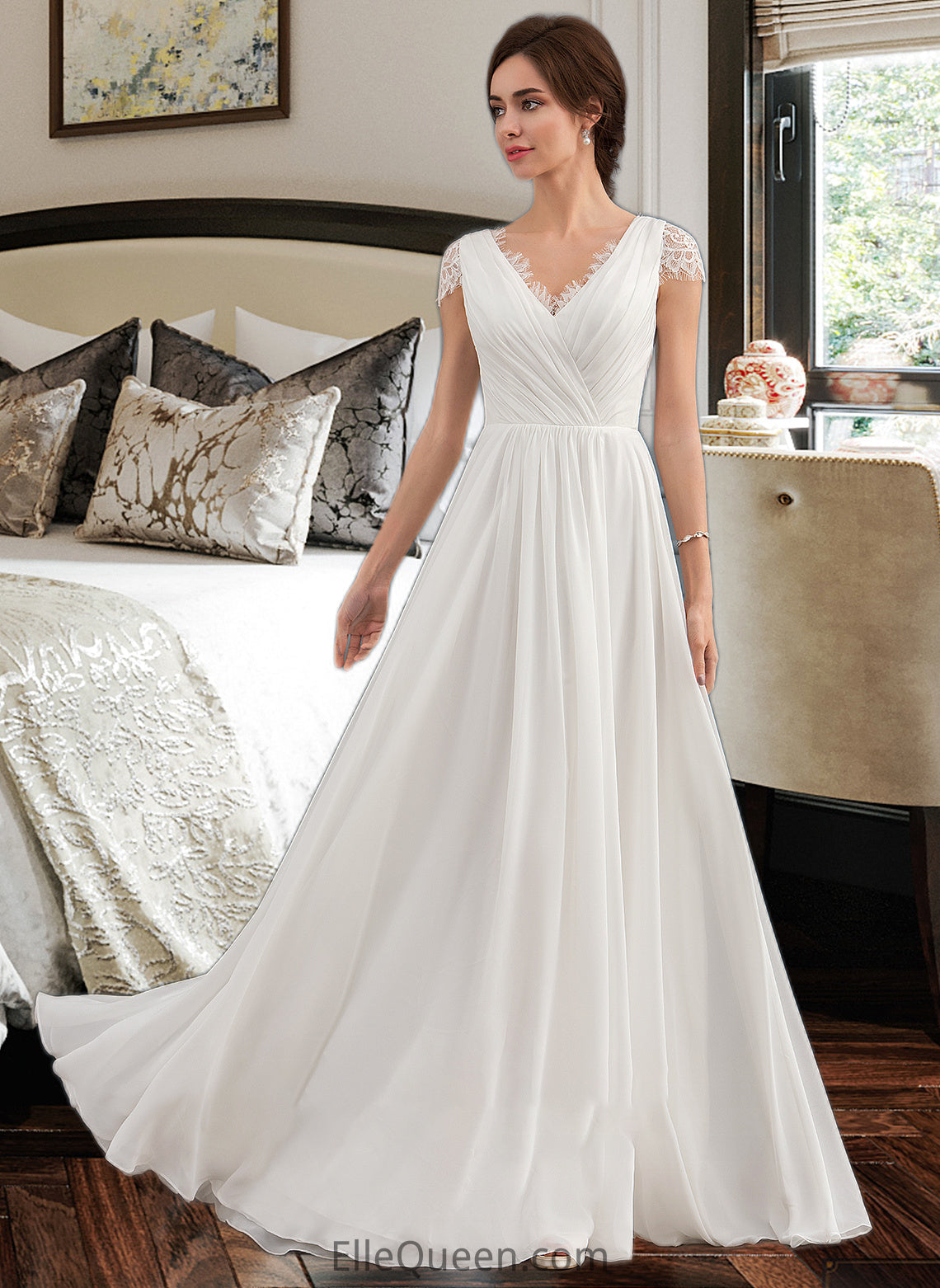 Cierra A-Line V-neck Floor-Length Chiffon Lace Wedding Dress With Ruffle DGP0013729