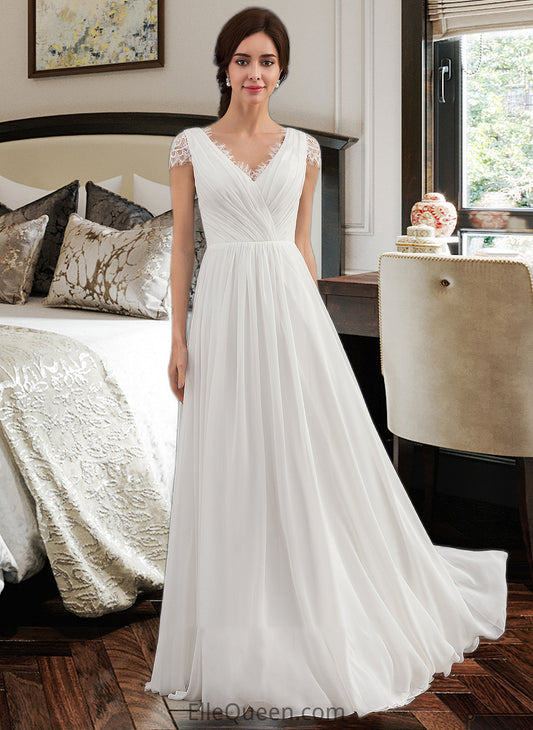 Cierra A-Line V-neck Floor-Length Chiffon Lace Wedding Dress With Ruffle DGP0013729