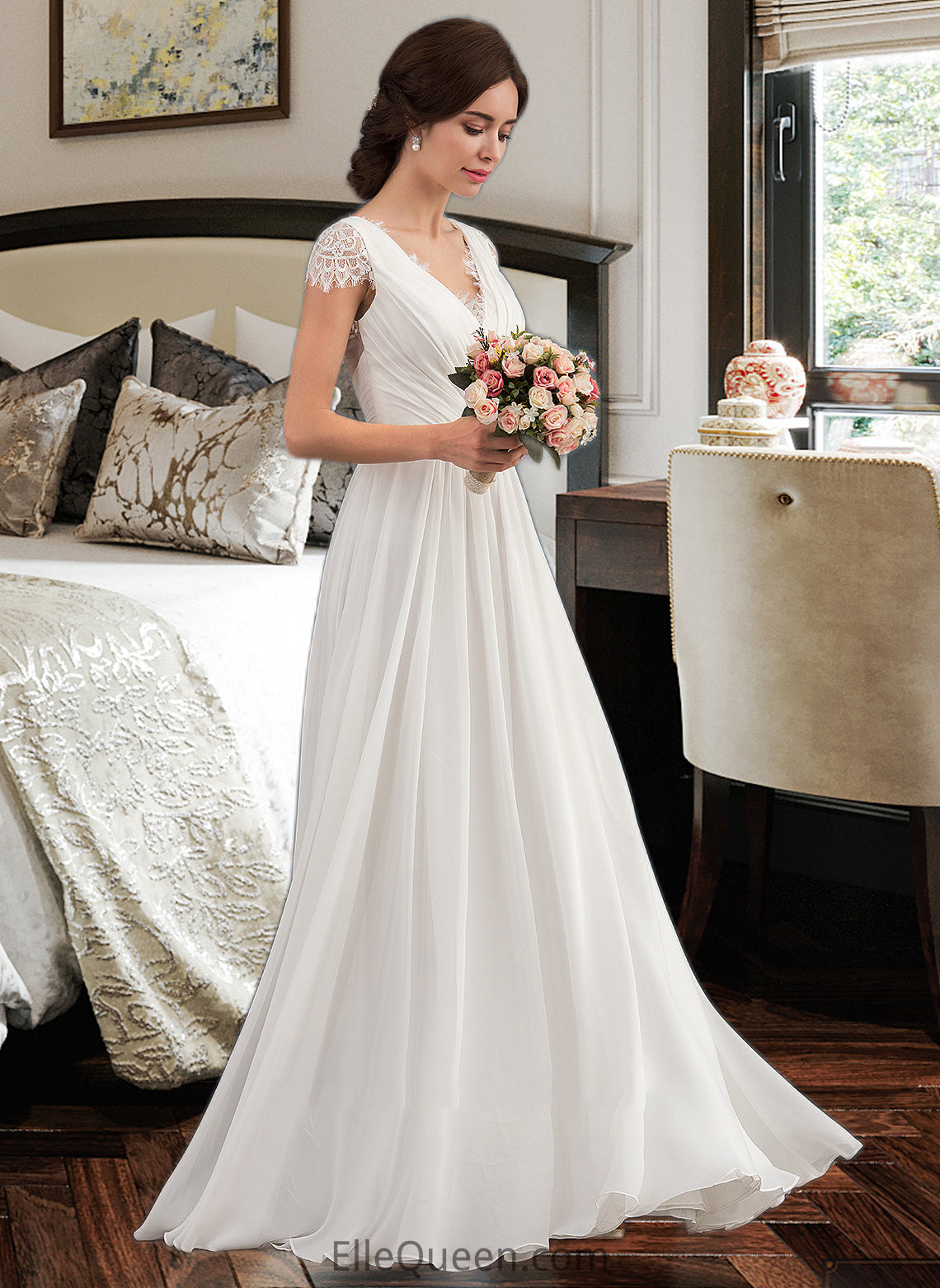 Cierra A-Line V-neck Floor-Length Chiffon Lace Wedding Dress With Ruffle DGP0013729