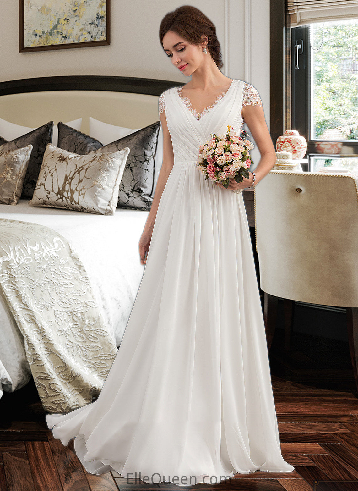 Cierra A-Line V-neck Floor-Length Chiffon Lace Wedding Dress With Ruffle DGP0013729