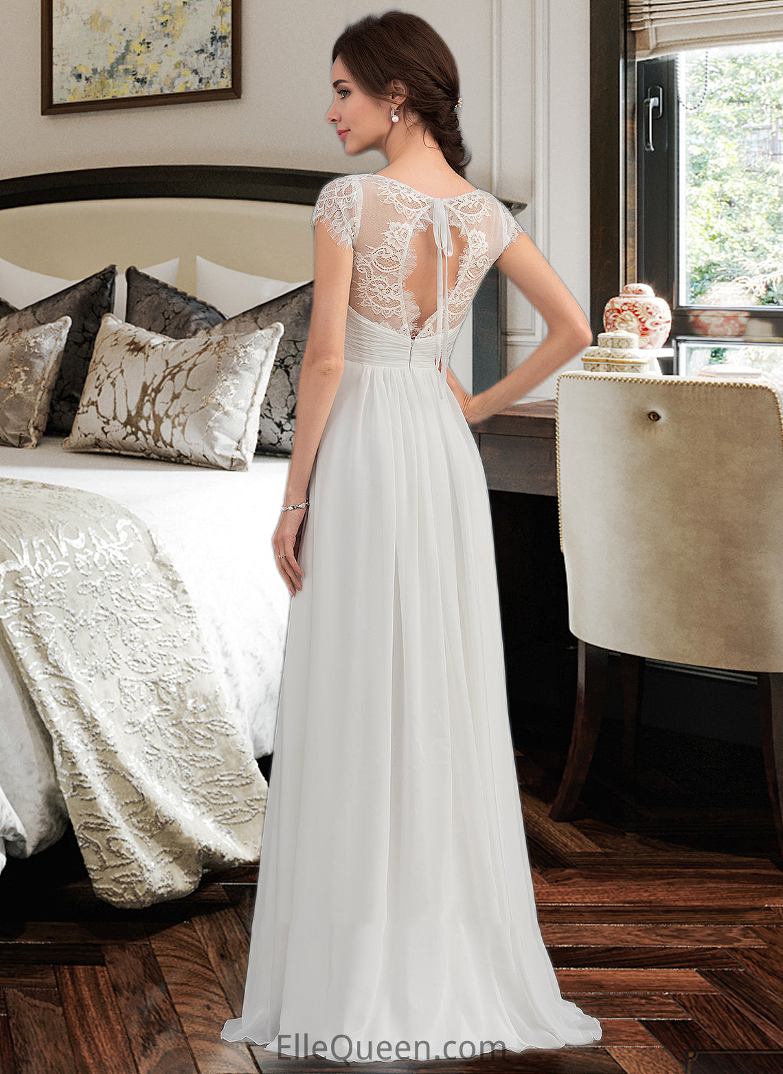 Cierra A-Line V-neck Floor-Length Chiffon Lace Wedding Dress With Ruffle DGP0013729