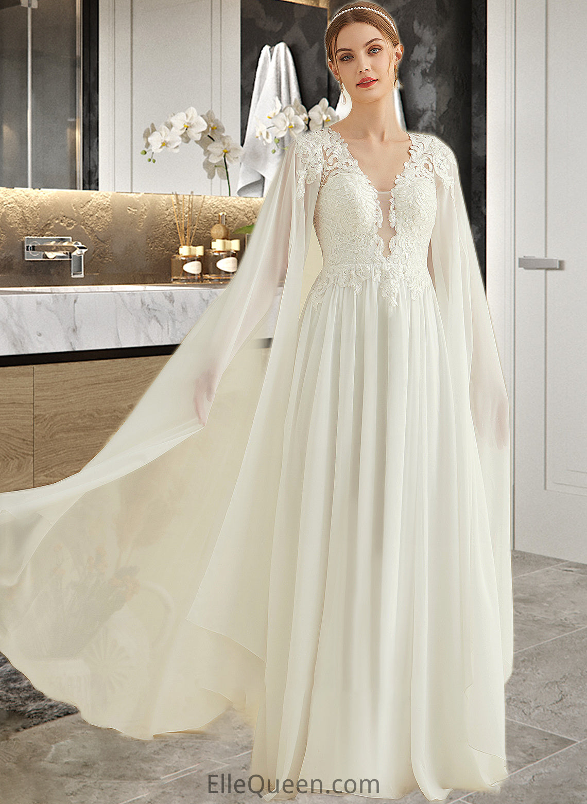 Emilee A-Line V-neck Floor-Length Chiffon Lace Wedding Dress With Sequins DGP0013736