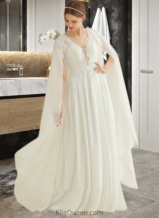 Emilee A-Line V-neck Floor-Length Chiffon Lace Wedding Dress With Sequins DGP0013736