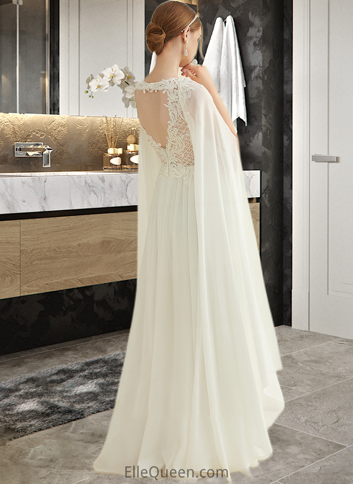 Emilee A-Line V-neck Floor-Length Chiffon Lace Wedding Dress With Sequins DGP0013736