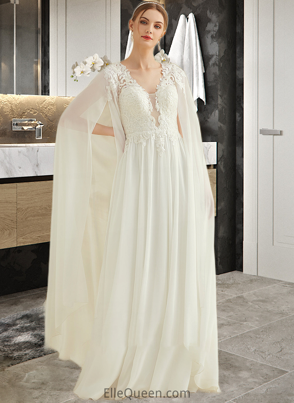 Emilee A-Line V-neck Floor-Length Chiffon Lace Wedding Dress With Sequins DGP0013736