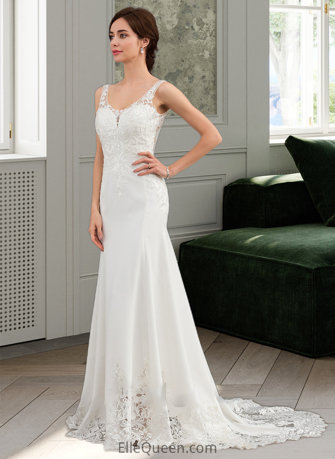 Suzanne Trumpet/Mermaid V-neck Court Train Lace Stretch Crepe Wedding Dress With Sequins DGP0013738