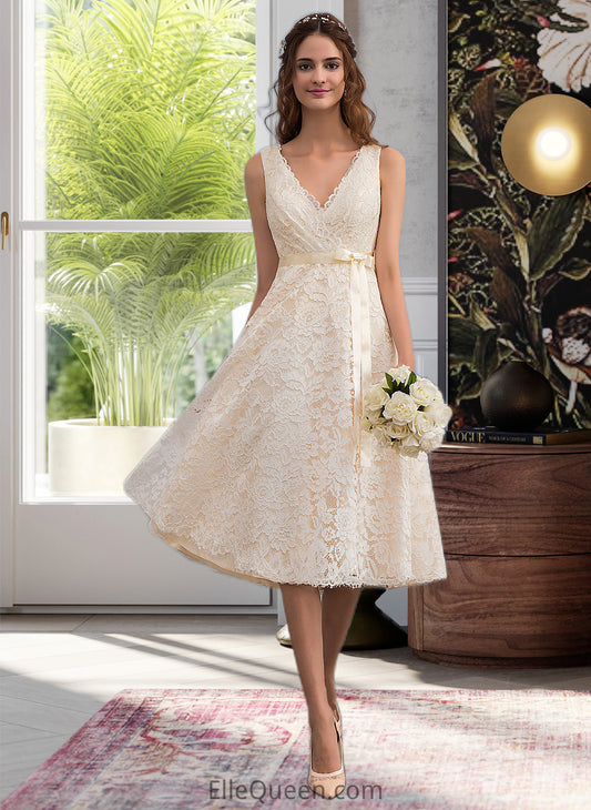 Jemima A-Line V-neck Knee-Length Lace Wedding Dress With Bow(s) DGP0013739