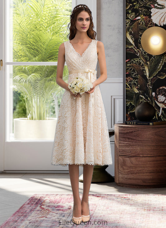 Jemima A-Line V-neck Knee-Length Lace Wedding Dress With Bow(s) DGP0013739