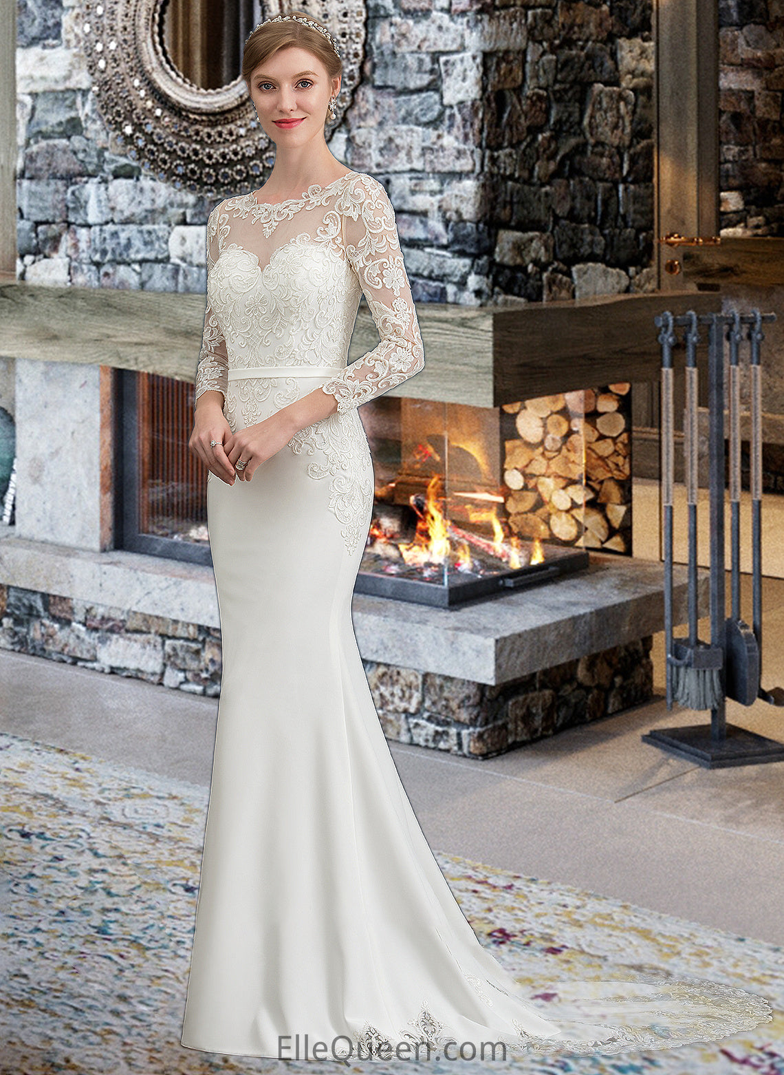 Jayla Trumpet/Mermaid Illusion Chapel Train Stretch Crepe Wedding Dress With Lace DGP0013740