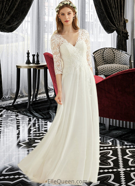 Evelin A-Line V-neck Floor-Length Chiffon Lace Wedding Dress DGP0013745