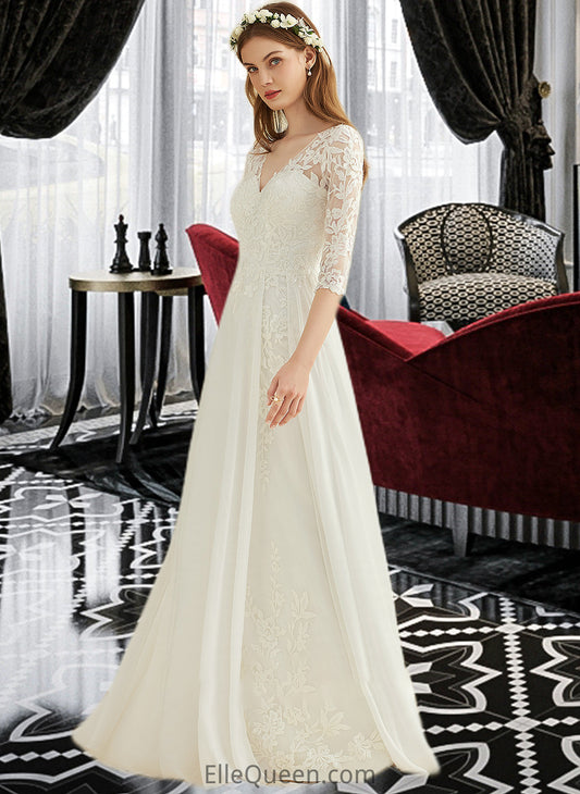 Evelin A-Line V-neck Floor-Length Chiffon Lace Wedding Dress DGP0013745